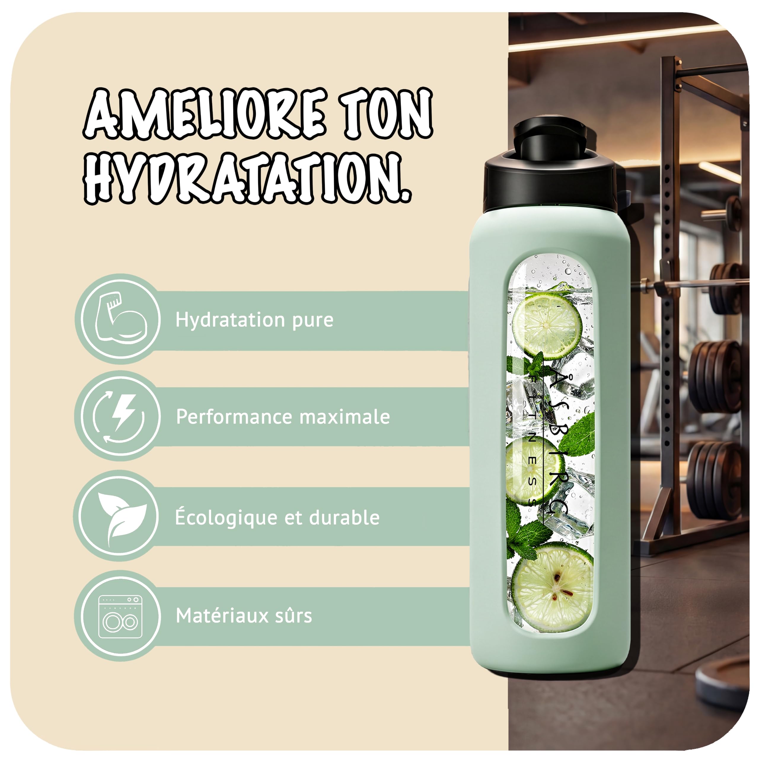 Shaker Protéines en Verre Trempé - 700ml Gourde avec Boule Mélangeuse | Étanche, Sans BPA & Résistant | Vert Pastel