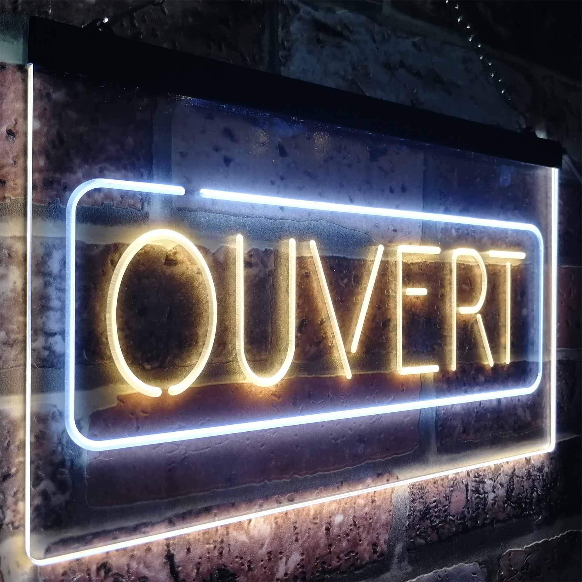 Enseigne Lumineuse LED "OUVERT" - 30x21cm - Vert Et Jaune - Pour Boutique, Bar, Restaurant - Alimentation Secteur