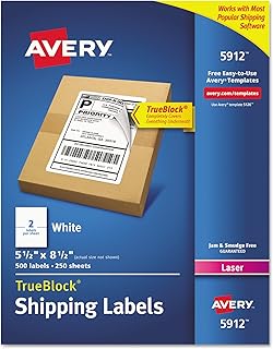 Avery Shipping Address Labels, Laser Printers, 500 Labels, Half Sheet Labels, Permanent Adhesive, TrueBlock (5912) - 0591...
