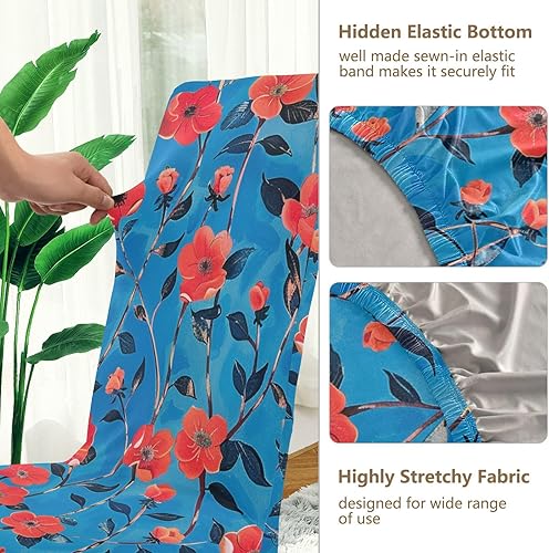 Miniatura 3 de Juego de 4 fundas decorativas para sillas de comedor con diseño de flores rojas y fondo azul para fiesta de cumpleaños