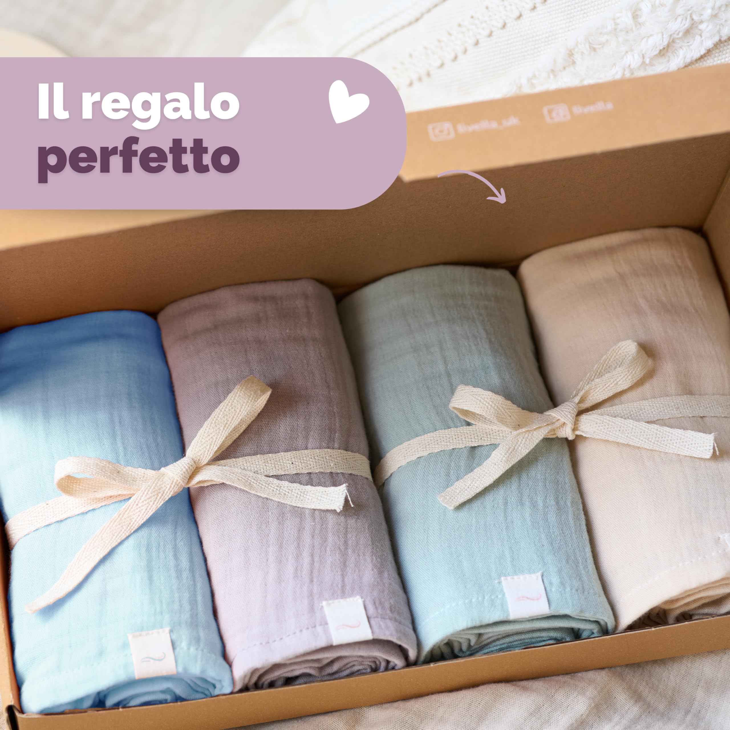 Livella | Mussola neonato doppio strato 65x65 cm in cotone bio – Confezione da 4 bavaglini – Telo in mussola assorbente e traspirante, ideale per pulire e asciugare