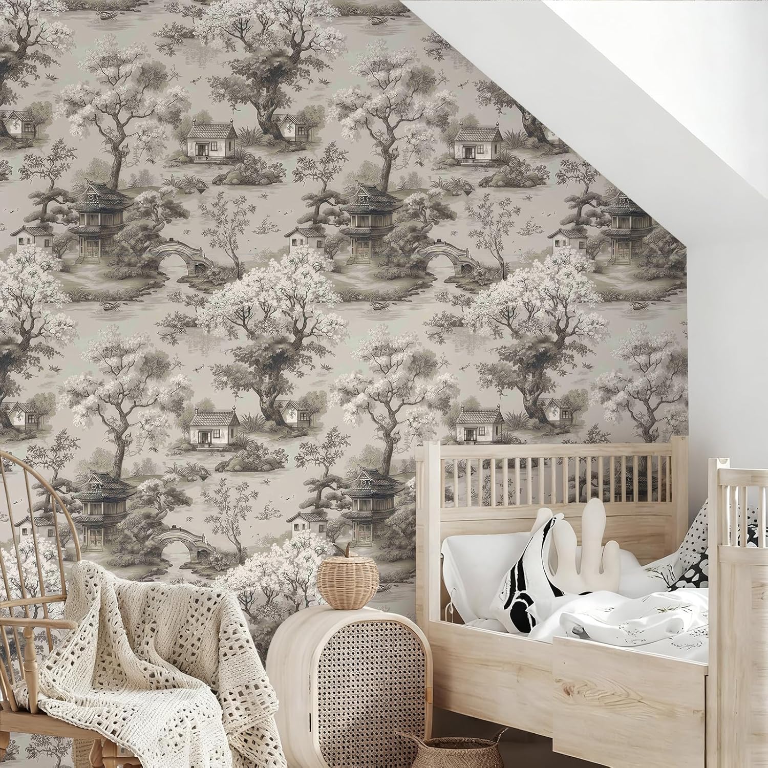 Vintage Ink Botanica Leaf Wallpaper Peel and Stick Removable 17.7" x 118.11" Pagoda Blossom Trees River Scene Wall Paper Self Adhesive for Classroom Bedroom Laundry Room Bathroom