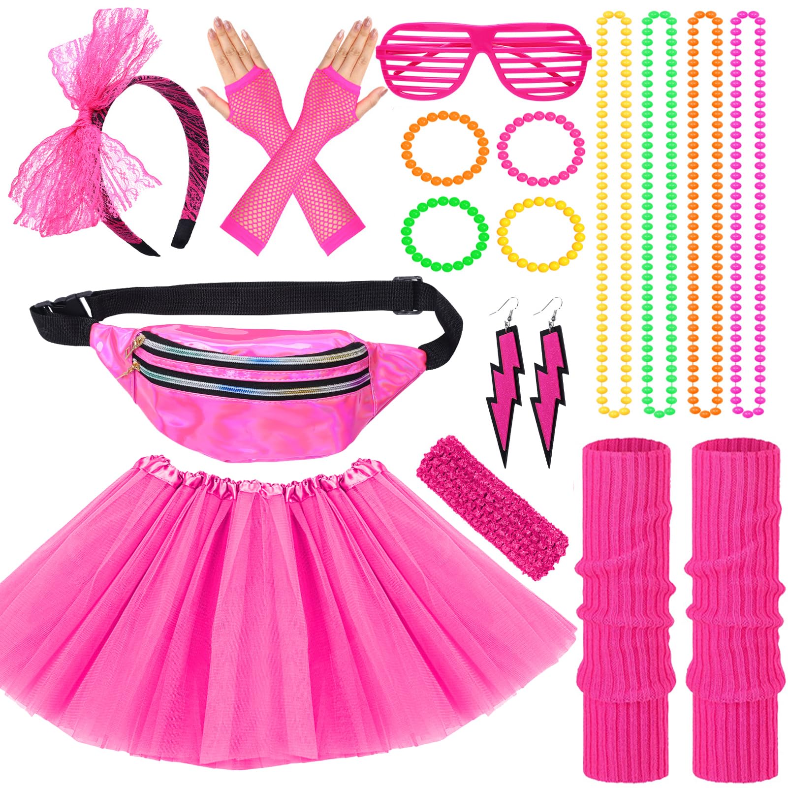 Aleshime 80s Fancy Dress Costumes Accessories for Women Girls, 1980s Fancy Party Costume Accessories Set Kits, Tutu Skirt Waist Bag Leg Warmers Necklaces Bracelet Fishnet Gloves Headband Earrings