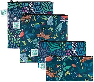 Bumkins Reusable Sandwich and Snack Bags, for Kids School Lunch and for Adults Portion, Washable Fabric, Waterproof Cloth Zip Bag, Travel Pouch, Food-Safe Storage, Large and Small 4-pack Set, Jungle