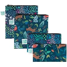 Bumkins Reusable Sandwich and Snack Bags, for Kids School Lunch and for Adults Portion, Washable Fabric, Waterproof Cloth Zip Bag, Travel Pouch, Food-Safe Storage, Large and Small 4-pack Set, Jungle