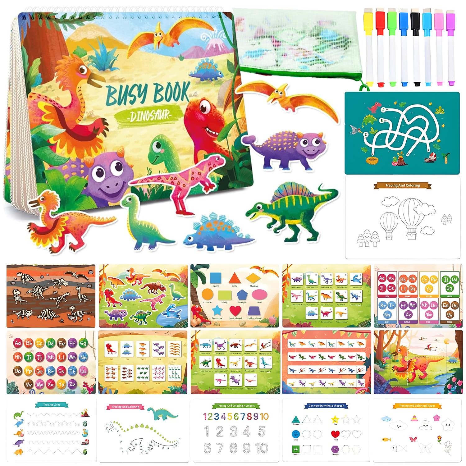 Montessori Spielzeug ab 1 2 3 Jahr,Busy Board ab 1 Jahr,Quiet Book ab 1 Jahr,Busy Book ab 2 Jahre,Montessori Buch ab 1 2 3 4 5 Jahre,Sticker Funktion,Geschenk 1 Jahr Junge Mädchen-Dinosaurier