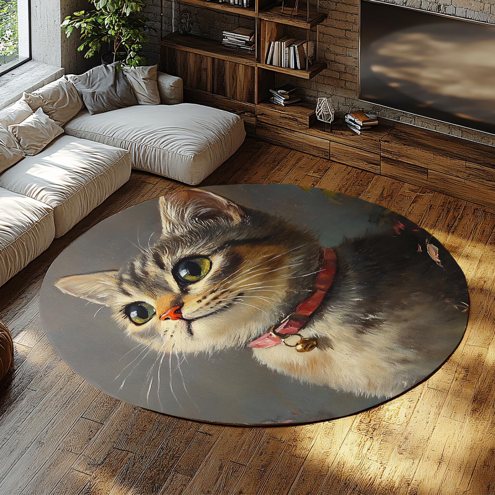 Tapis ronds 160cm esthétique chat mignon peinture à l'huile en fils denses à poils ras