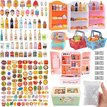 Miniature Food Play Set for Kids - Includes Refrigerator Freezer Ice Cream Drinks & Display Shelves Realistic Toy for Imaginative Play, for Toddlers