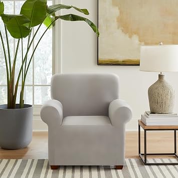 SureFit Hampstead Stretch Velvet Chair Slipcover, One Piece Chair Covers with Elastic Bottom for A Snug Fit, Machine Washable Armchair Cover, Single Light Gray Chair Cover