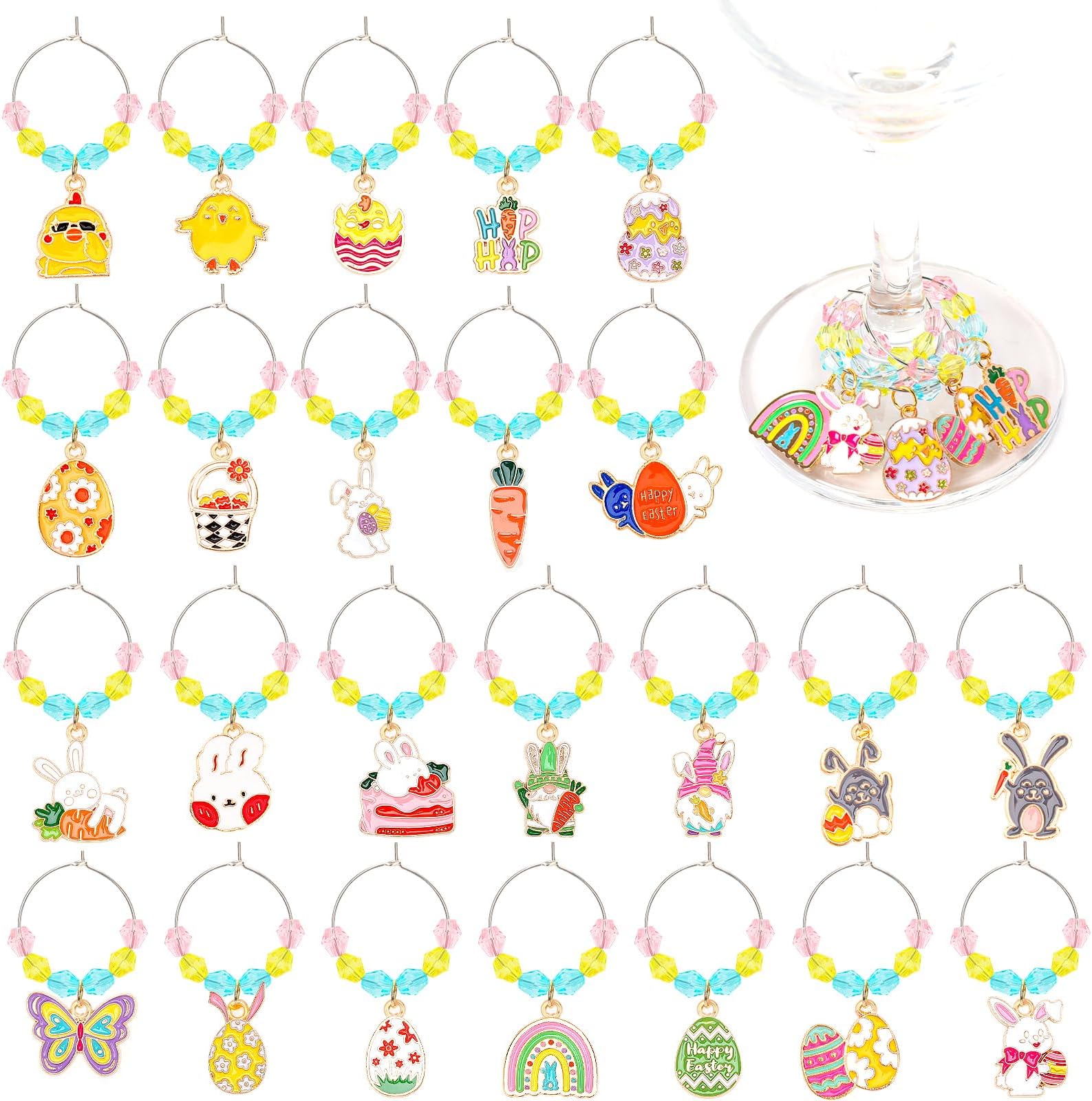 JUNEBRUSHS 24Pcs Easter Wine Charms, Easter Wine Glass Charms for Stem Glasses, Wine Glass Charms Drink Marker Tags for Easter Wine Party Ornaments