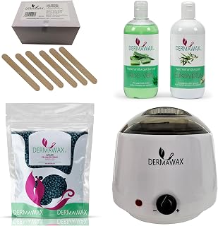 Dermawax Profi Wax Set - 1000ml Wax Tool - Made in Spain - 1kg Azulene Wax Beads - 500ml Aloe Vera Pretreatment Lotion - 500ml Eucalyptus Finishing Oil 200 Pieces Wooden Spatulas