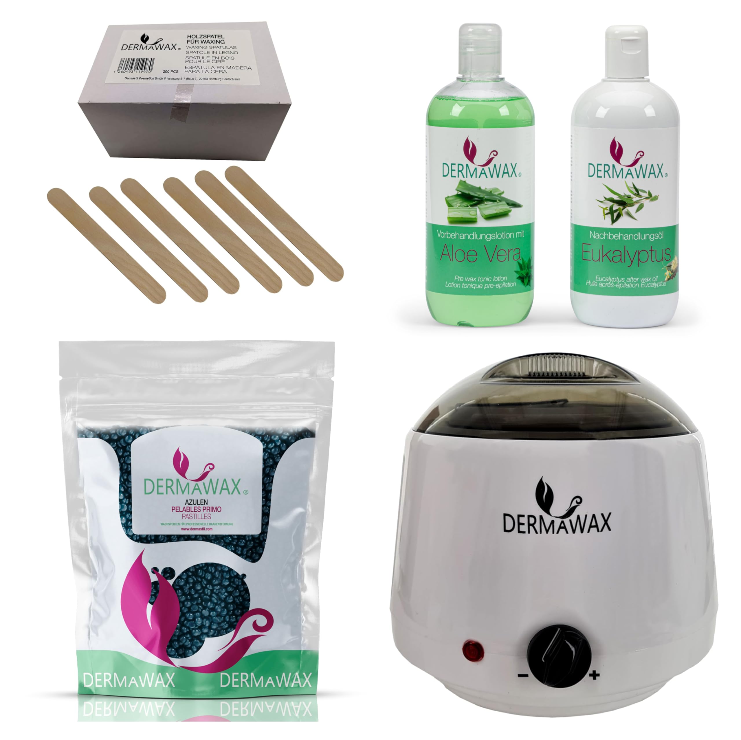 Dermawax Set professionale per cera, 1000 ml, prodotto in Spagna, 1 kg di perle di cera di azulene, 500 ml, lozione pretrattamento di aloe vera, 500 ml, olio di post-trattamento, 200 pezzi