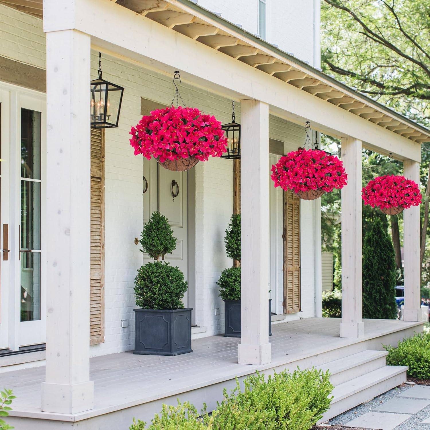 Artificial Fake Hanging Flowers Plants Basket for Outdoors Spring Summer Decoration, Faux Silk Bougainvillea Flowers in Planter UV Resistant Realistic for Outside Porch Patio Garden Yard Home, Hotpink - Image 3