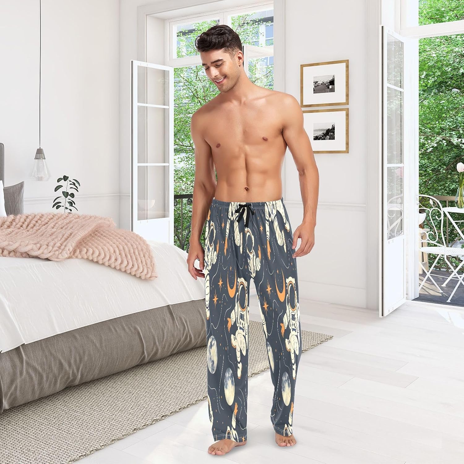 ALAZA Astronaut Moon Stars Pop Art Men's Pajama Pants Men Cotton Pajama Bottoms with Pockets, S