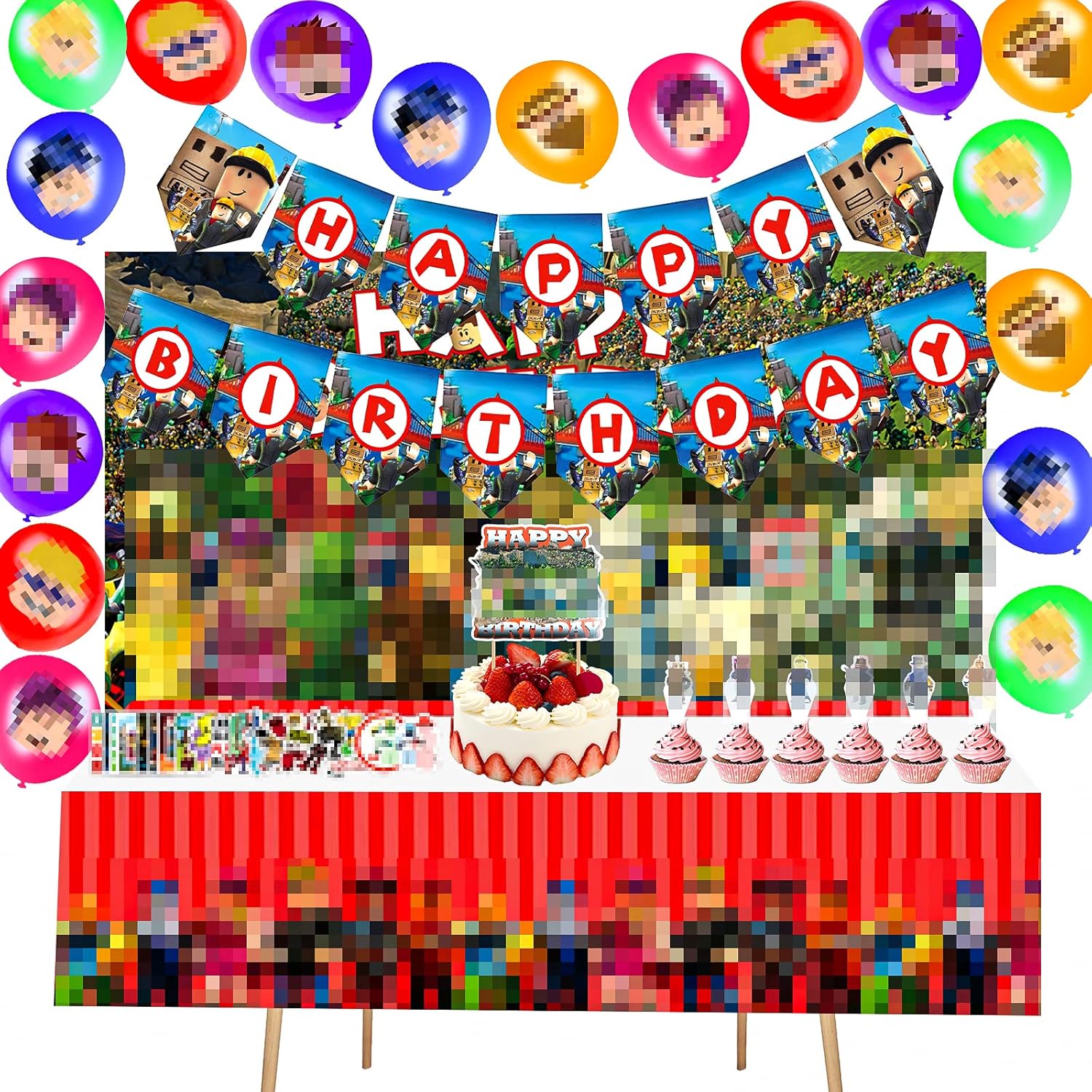 96 Pcs Roo-Blox Birthday Party Supplies, Game Party Theme Decorations with 1 Happy Birthday Banner, 1 Backdrop, 1 Tablecloth, 1 Cake Topper, 24 Cupcake Topper, 18 Latex Balloons, 50 Stickers : Toys & Games