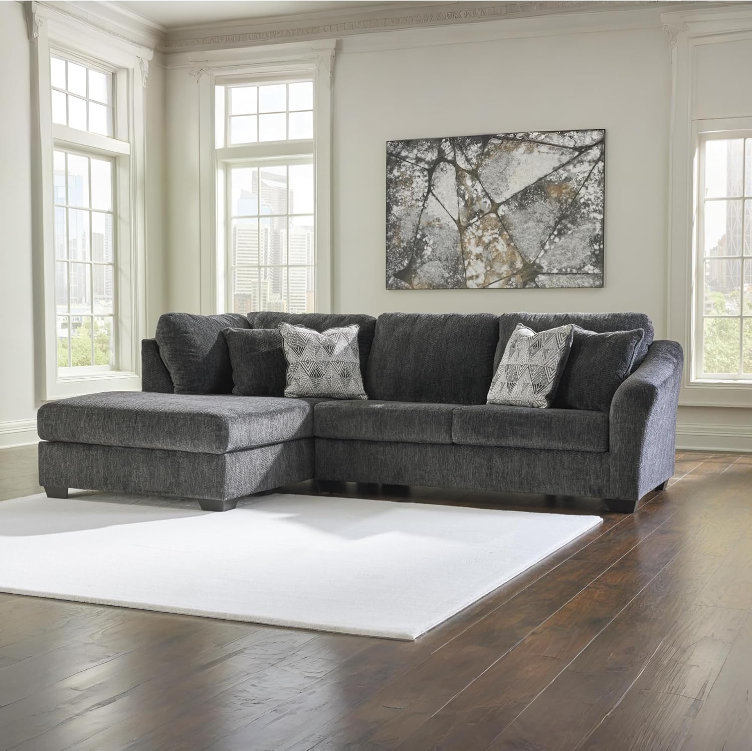 Signature Design by Ashley Biddeford Contemporary L-Shaped 2-Piece Sectional with Chaise, Loose Seat Cushions and 4 Accent Pillows, Gray