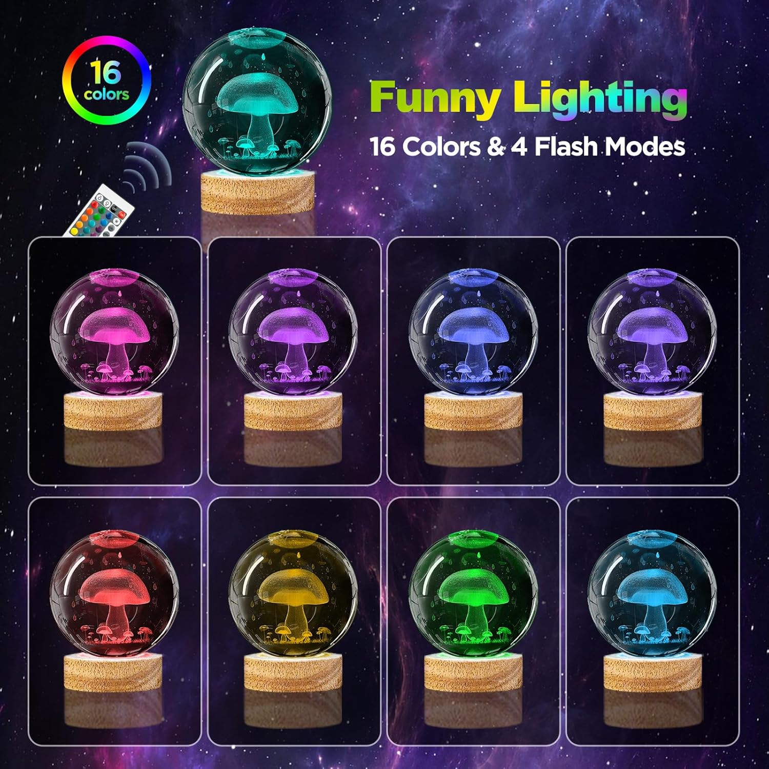 3D Mushroom Crystal Ball Night Light 3.15 inch Glass Ball Lamp with 16 Color Changing Wooden Base and Remote Cute Mushroom Room Table Decor Ideal Gifts for Kids Friends Birthday Christmas
