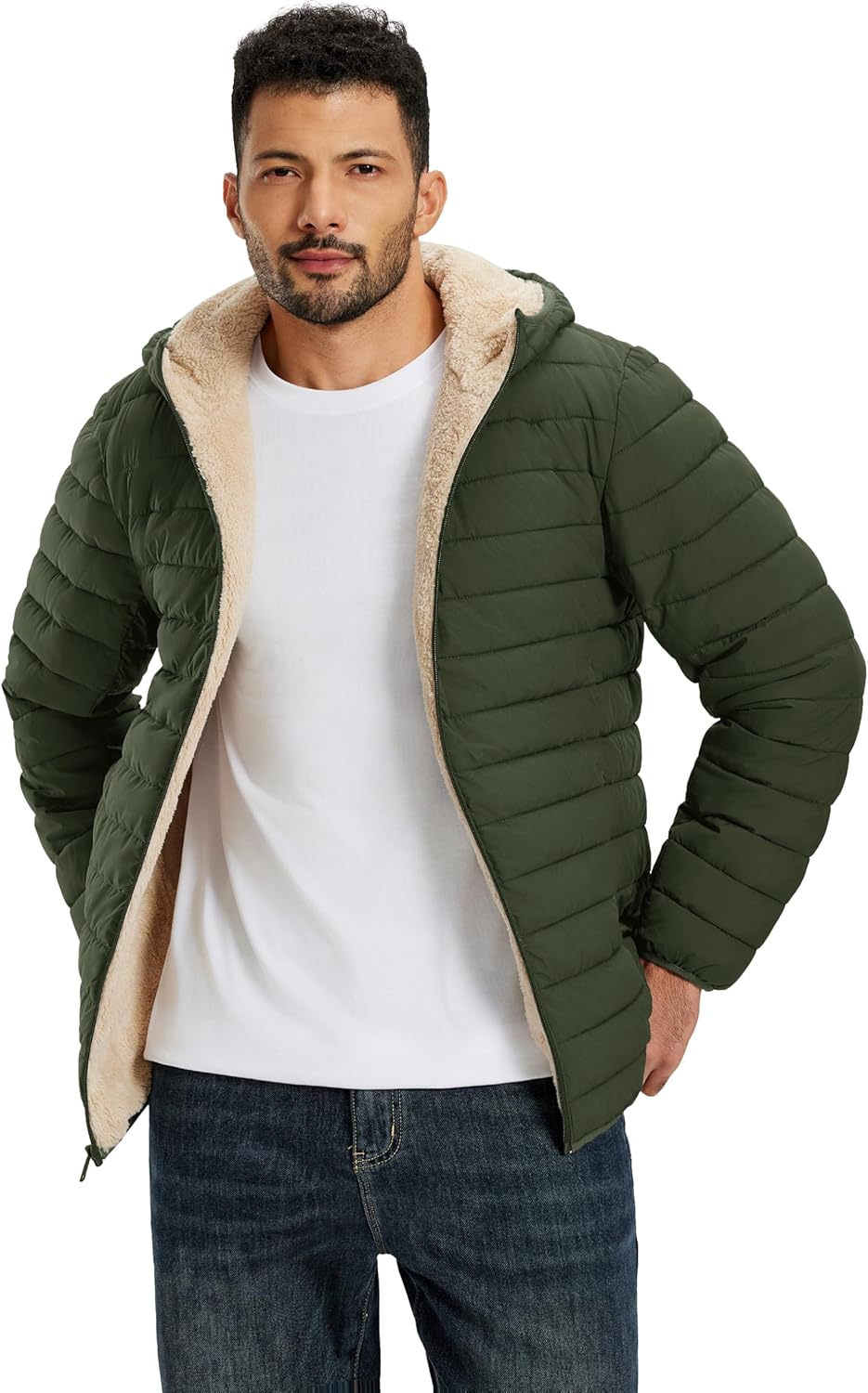 TACVASEN Men's Puffer Jacket Hooded Sherpa Lined Water Resistant Windproof Insulated Jacket Warm Winter Puffy Coat - Image 2