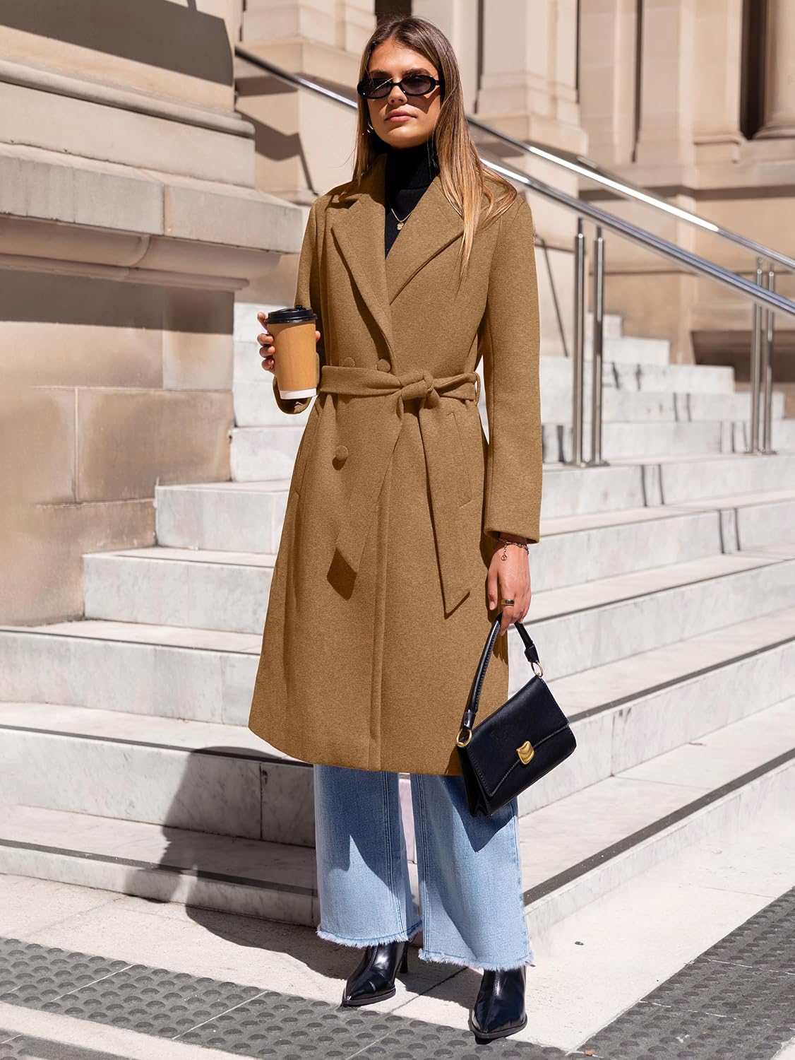 Simplee Women's Winter Lapel Collar Pea Coat Double Breasted Long Overcoat Trench PeaCoat With Belt - Image 7