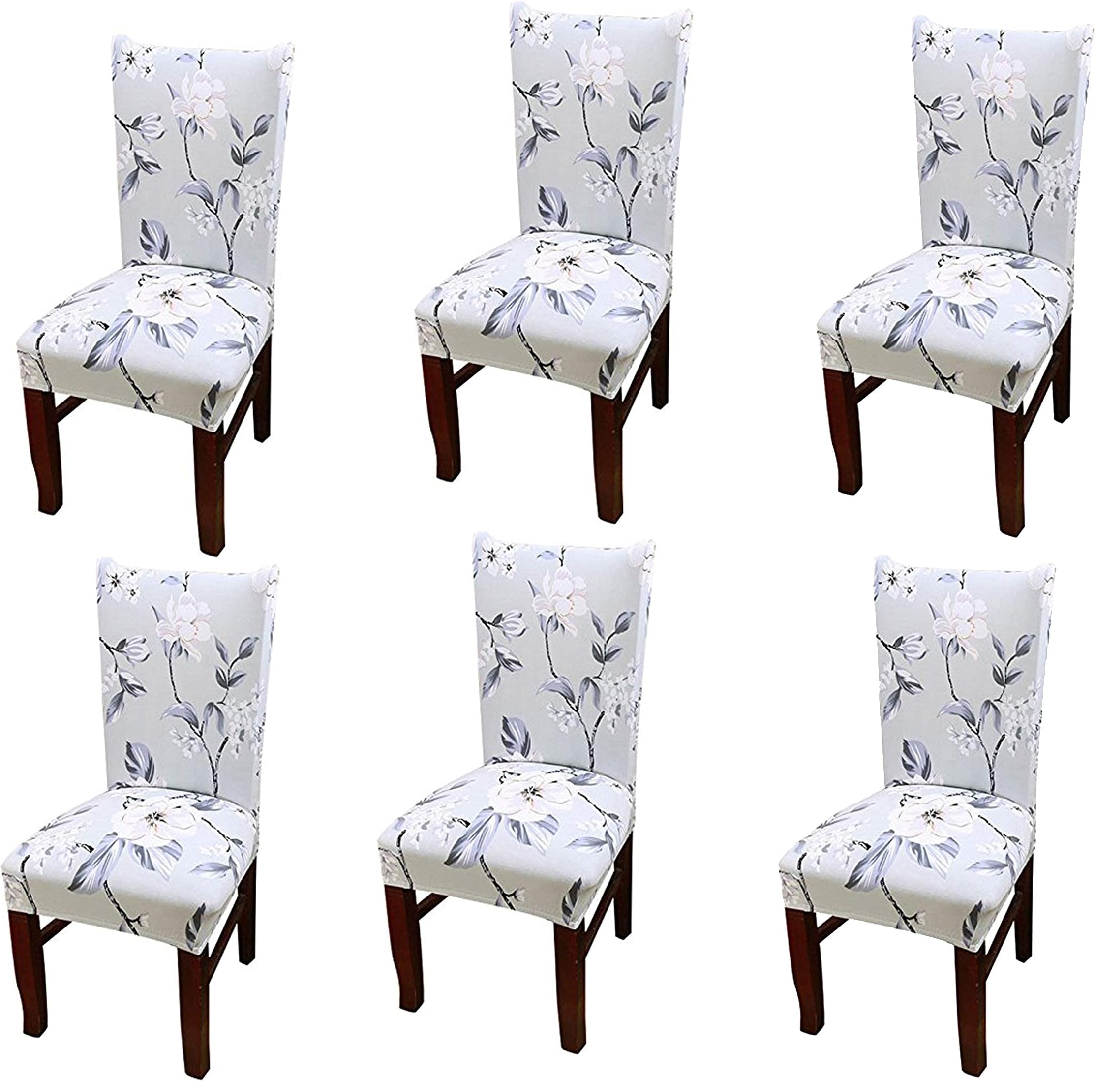 House of Quirk Polyester Spandex Printed Chair Cover Stretch Removable Washable Short Dining Chair Cover Protector Seat Slipcover ((Light Blue Flower, Pack of 6))