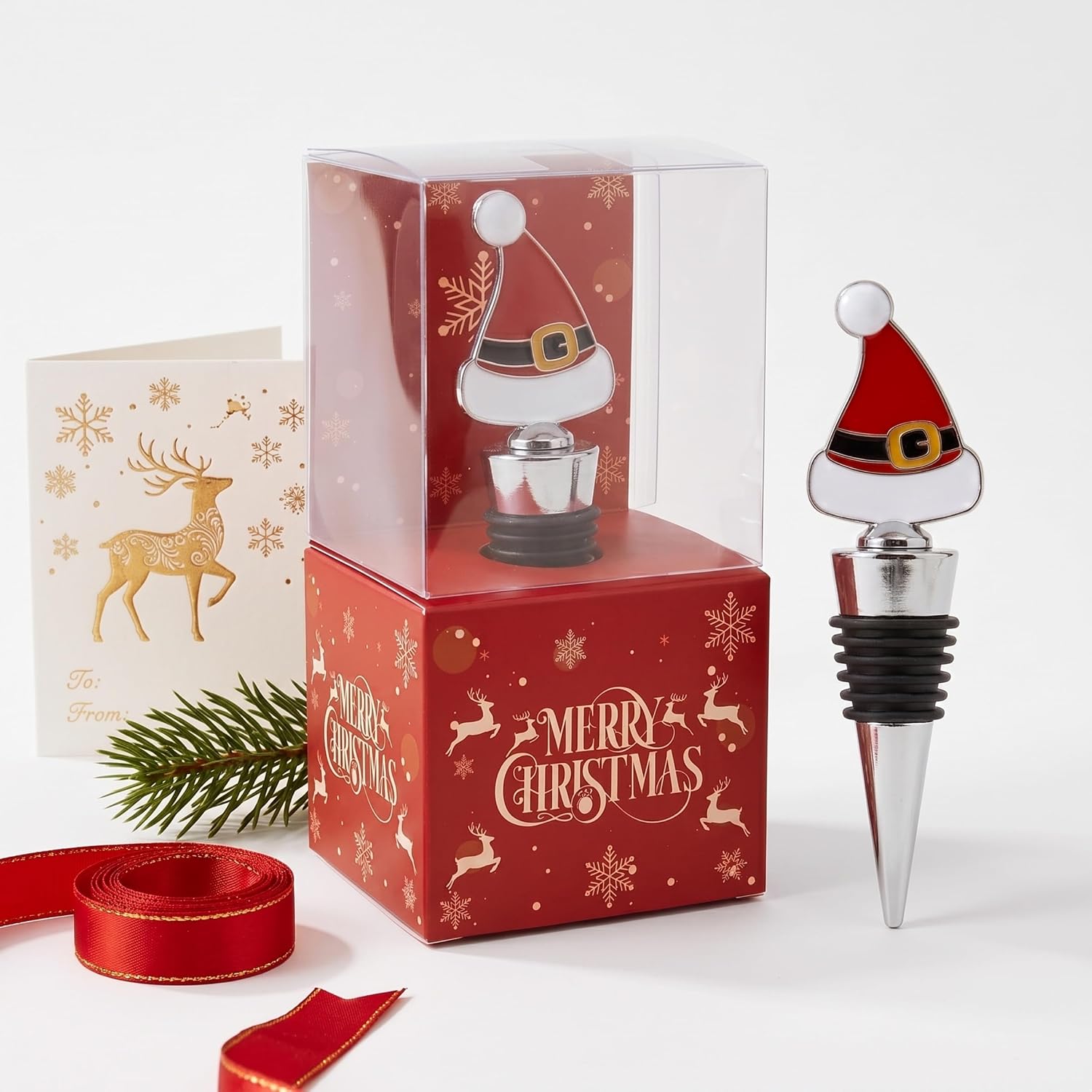 Santa Hat Wine Bottle Stopper,Glass Christmas Bottle Cork for Holiday Decor