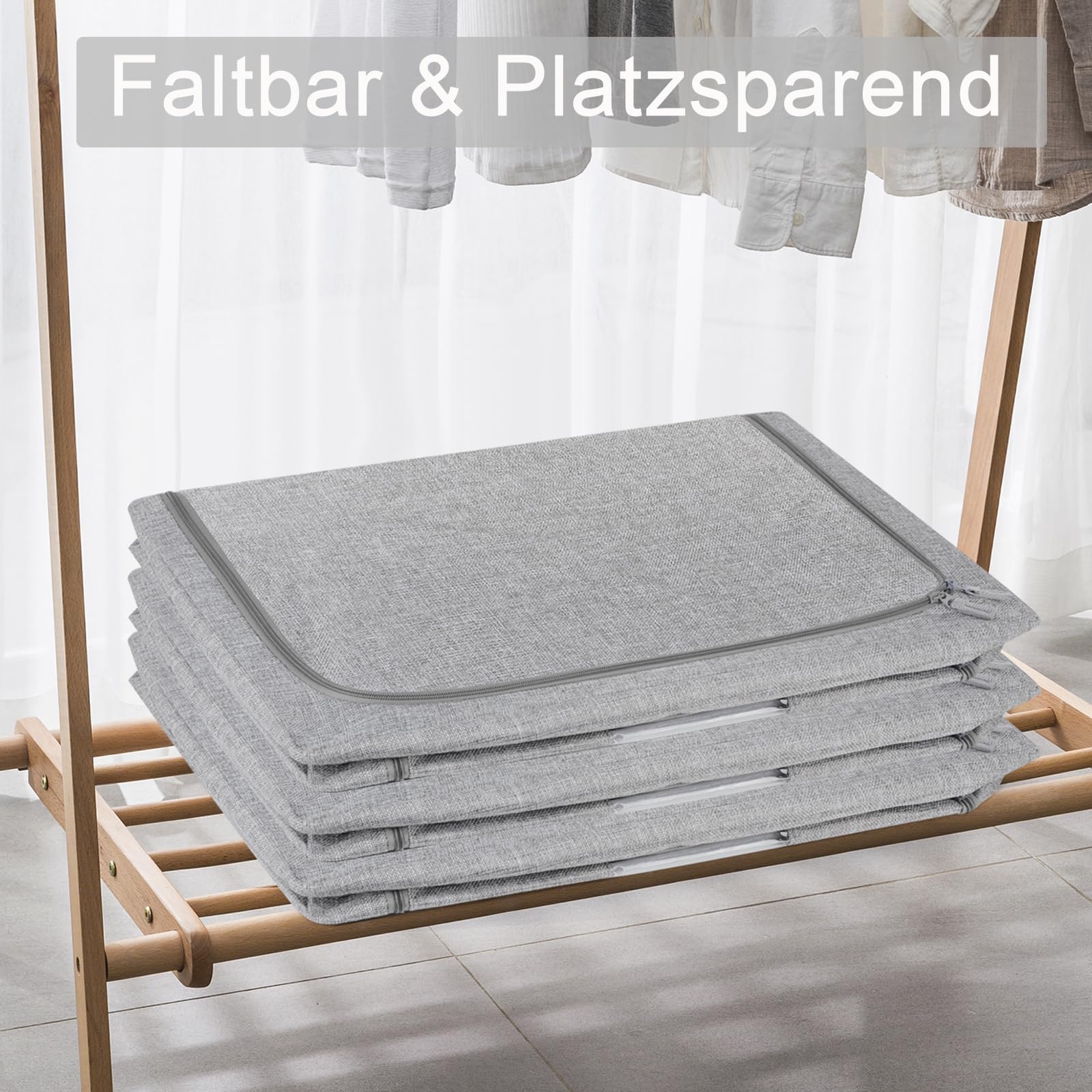Aufbewahrungsbox 100L 2er Set, Leinenstoff mit Metallrahmen, faltbar mit transparentem Fenster, dichtem Reißverschluss & Griffen, staub- & feuchtigkeitsbeständig für Kleidung, Bettwäsche
