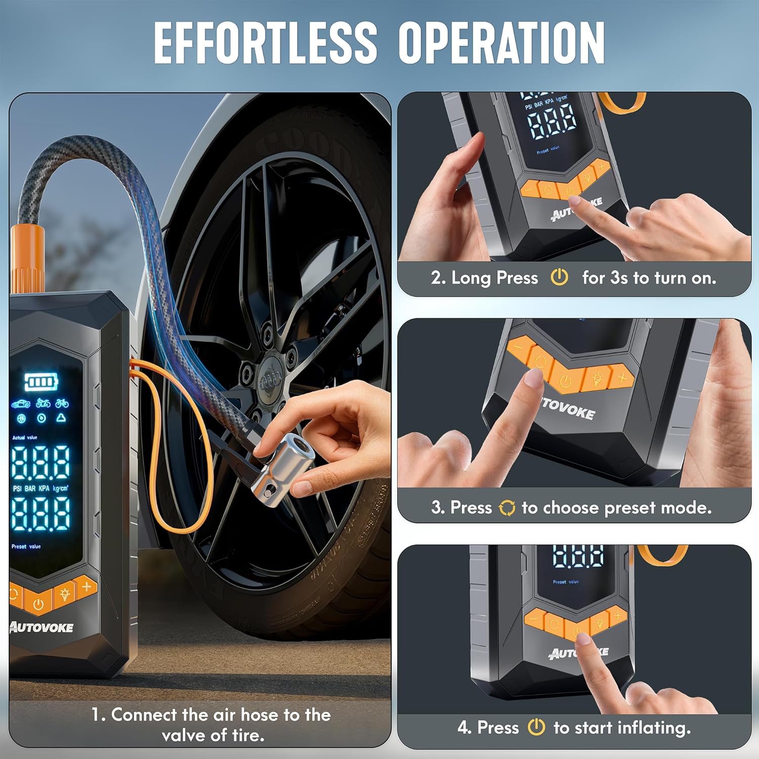 Tire Inflator Portable Air Compressor – 8X Faster 150PSI Cordless Air Pump for Car Tires, Digital Pressure Gauge – Battery Powered Heavy-Duty Compressor for Car, Bike, Motorcycle & Ball