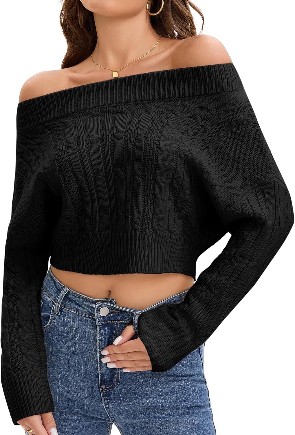 Womens Off Shoulder Sweater Cable Knit Cropped Sweaters Batwing Long Sleeve Pullover Tops Fall Fashion Outfit