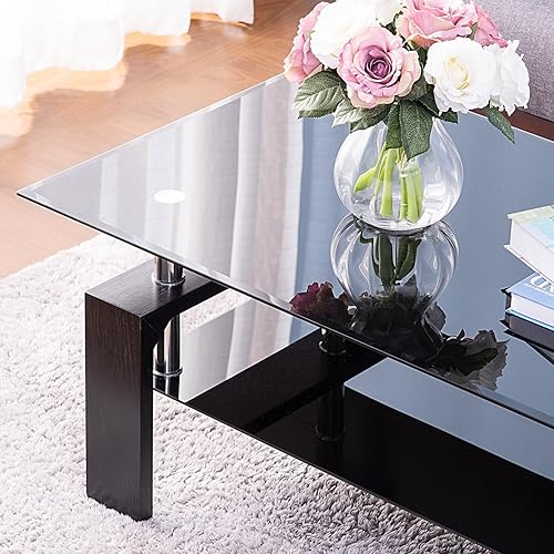Miniatura 8 de Mesa de centro rectangular de cristal, mesa de té moderna con estante inferior, mesas centrales de 2 niveles para sala de estar, mesa de vidrio