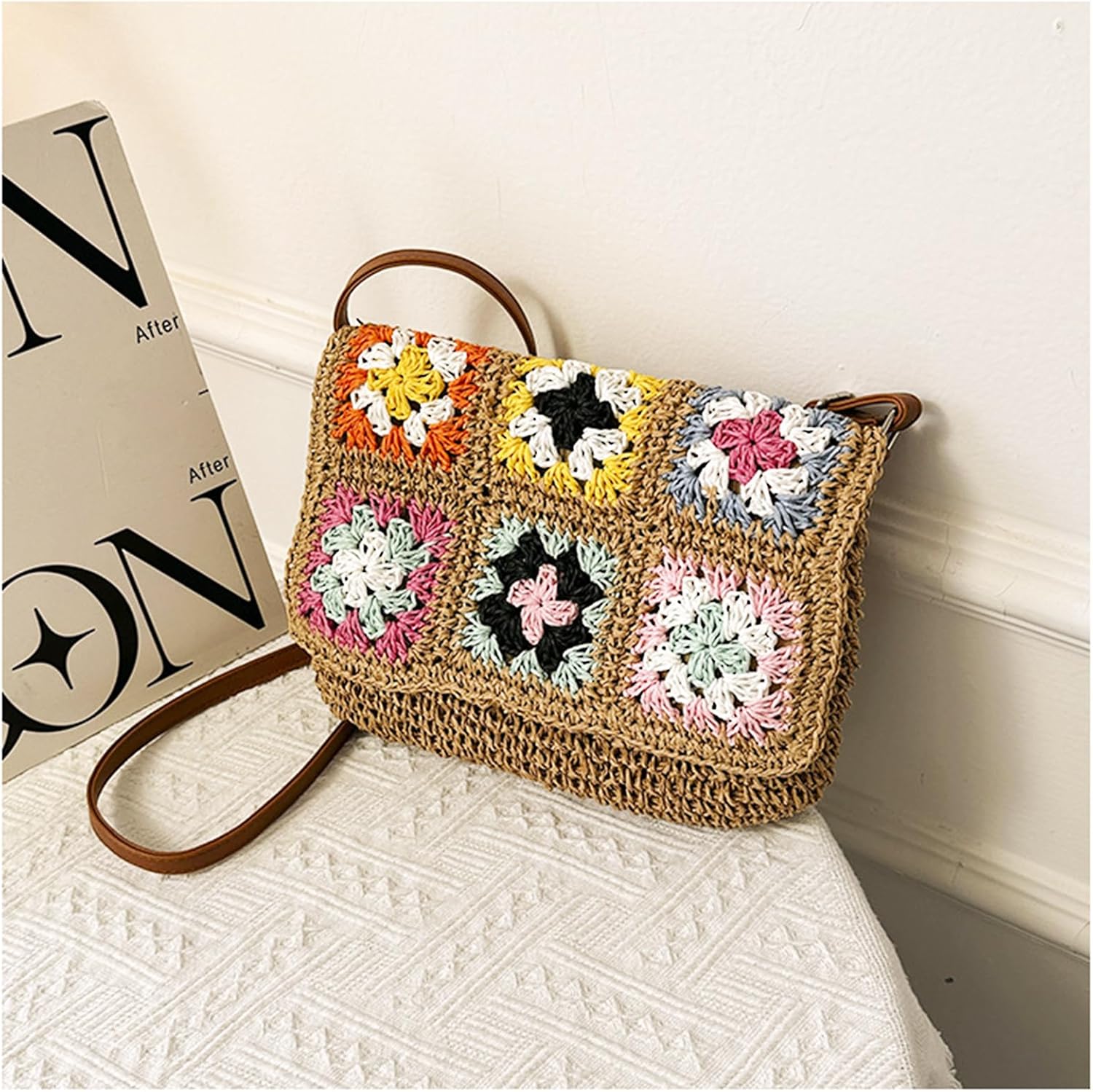 Straw Bag, Summer Beach Bag for Women, Hand-Woven Hand Bag, Colorful Embroider Flower Style Retro Rattan Bag Shoulder Bag Crossbody Bag for Vacation Travel, Daily
