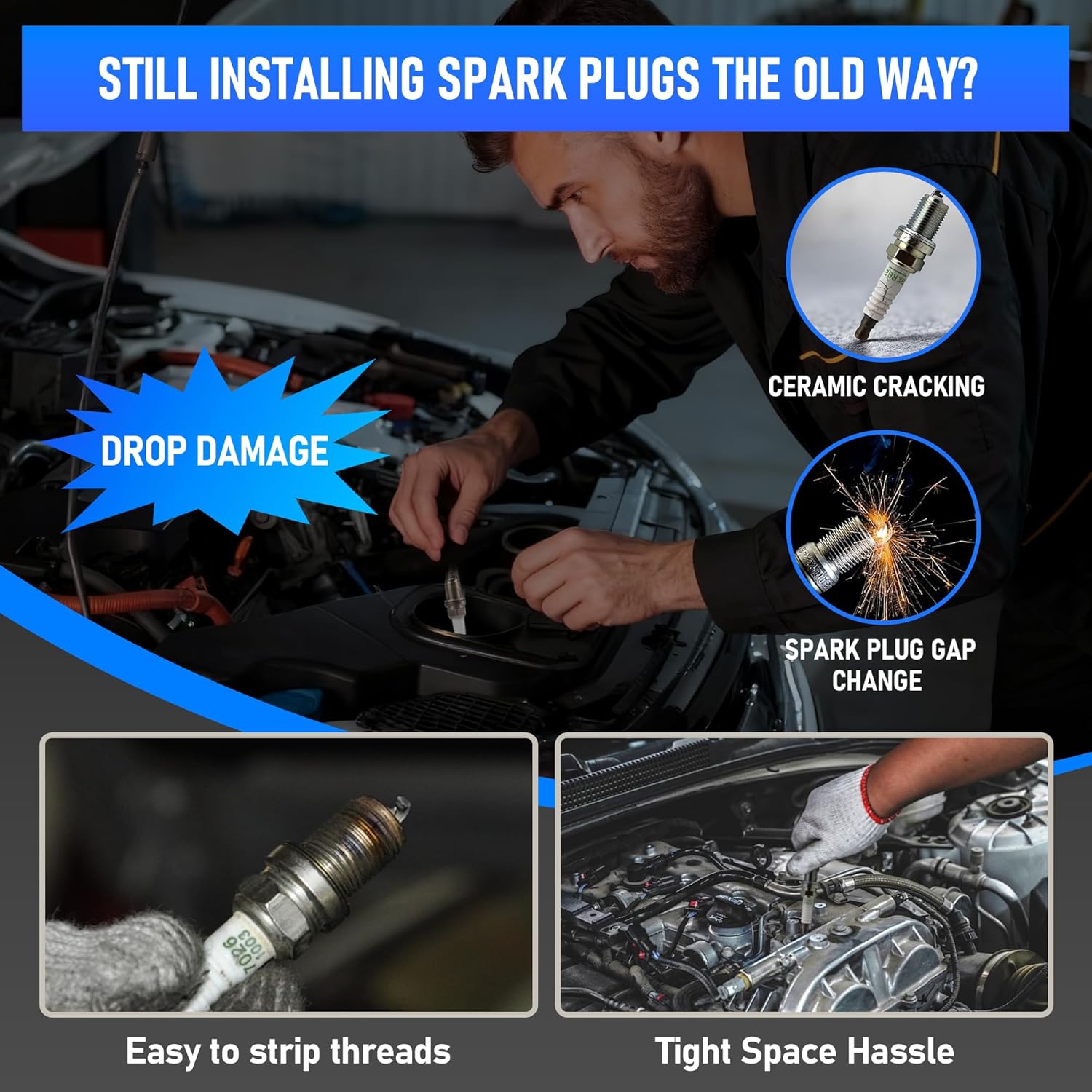 12pc Magnetic Spark Plug Socket Set with Installation Tube, 3/8" Click Torque Wrench, Spark Plug Gap Tool, Magnetic Swivel Sockets, U Joint and 10" Extension Bar（12pcs）