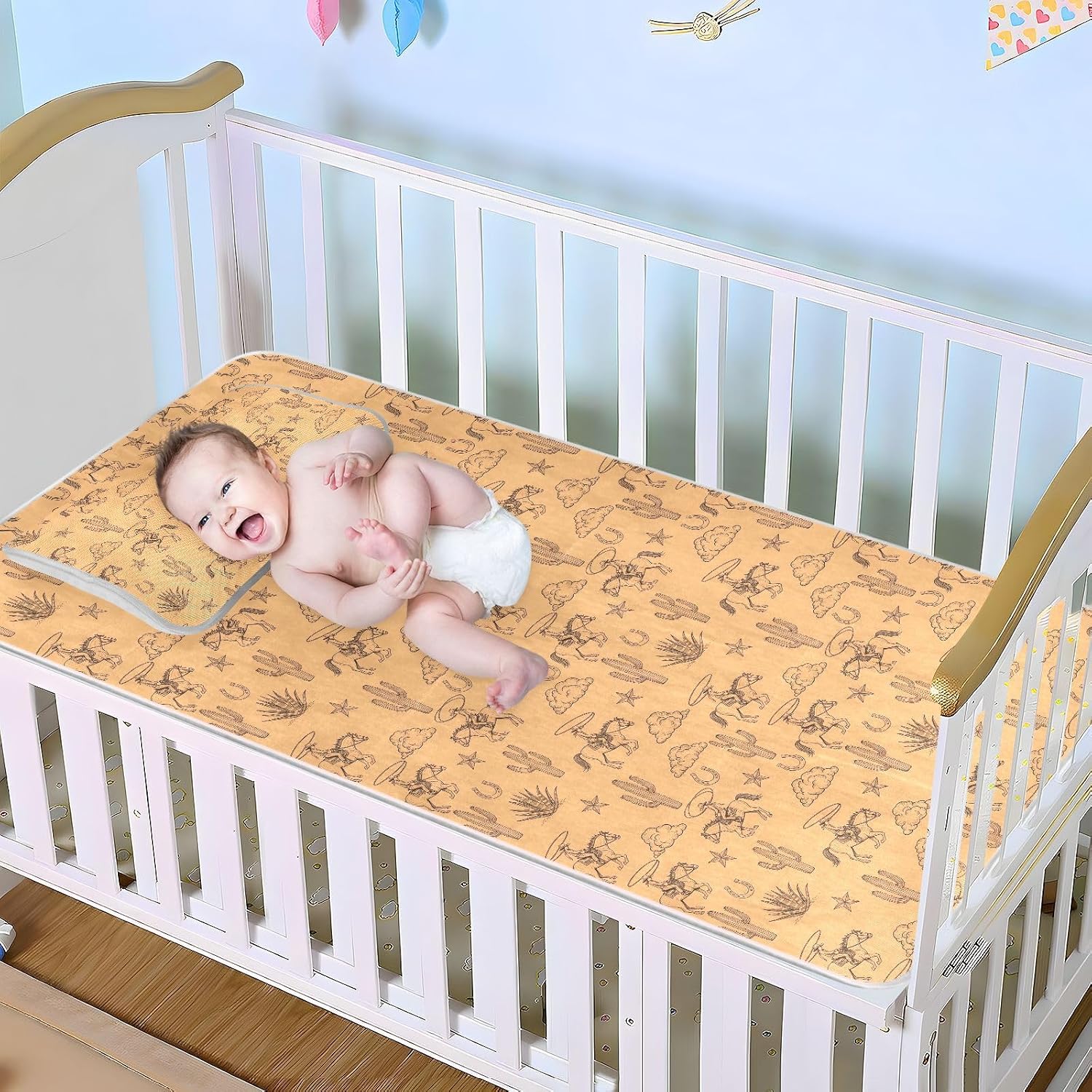Baby Cooling Mat Western Cowboy Theme Ice Silk Breathable Mesh Summer Crib Mattress Pad with Pillowcase, Soft Cooling Sleeping Surface for Infant & Toddler, 52"x28"