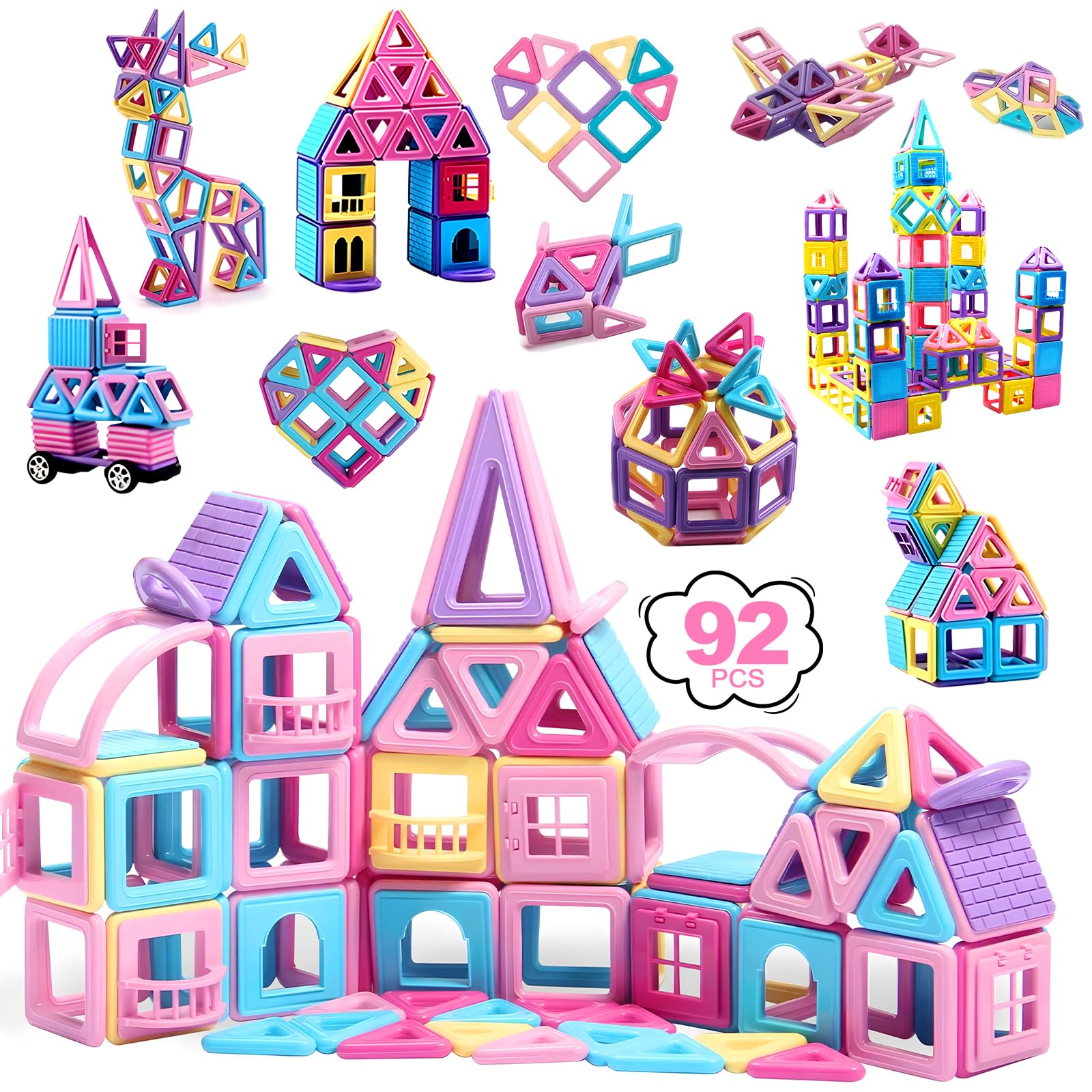 ZQSQD Juguetes de Bloques de Construcción Magnéticos, 92 Piezas Bloques Magneticos para Niños, Juego de Educativos Creativos, Regalos para Niños y Niñas