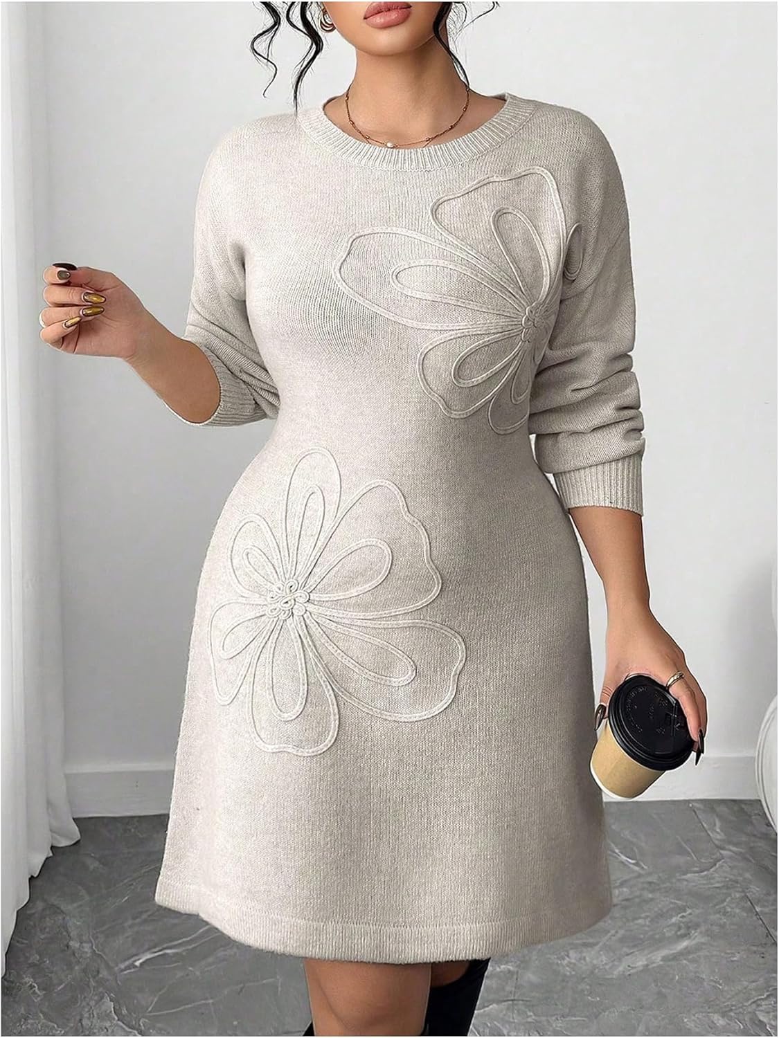 SOLY HUX Women's Plus Size Sweater Dress Floral Crew Neck Long Sleeve Knit A Line Fall Winter Dresses - Image 4