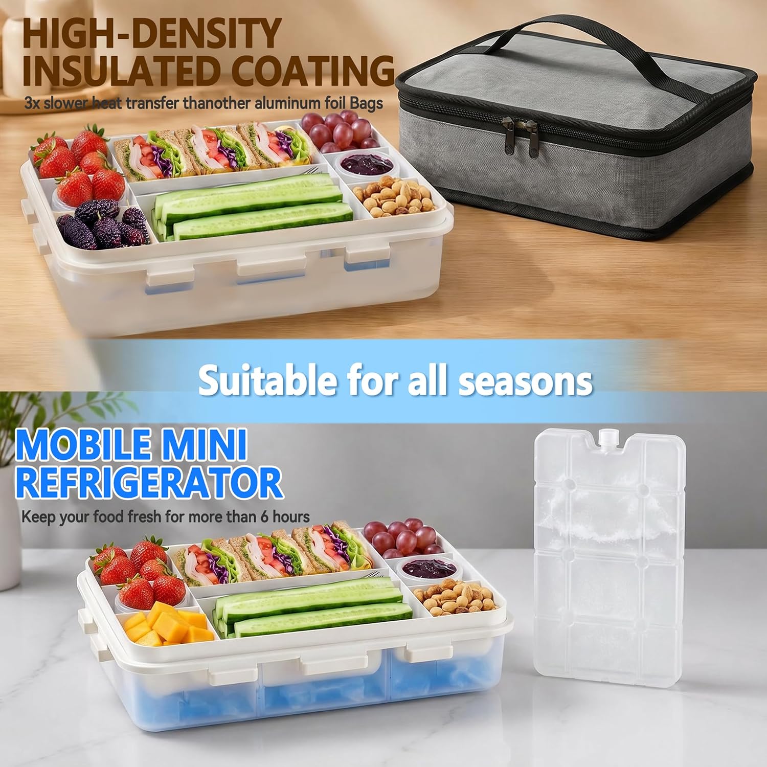 Chilled Snackle Box Divided Serving Tray with Ice Pack Individual Lids Container,Portable Freezer Cooler Picnic Travel Snack Container for Beach Camping Road Trip Essentials Insulated Bag