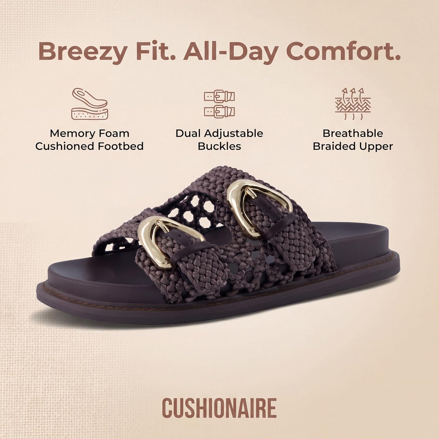 CUSHIONAIRE Wafful Women’s Braided Slide Sandals with Dual Adjustable Buckles – Memory Foam Footbed Slip-On Comfort Slides