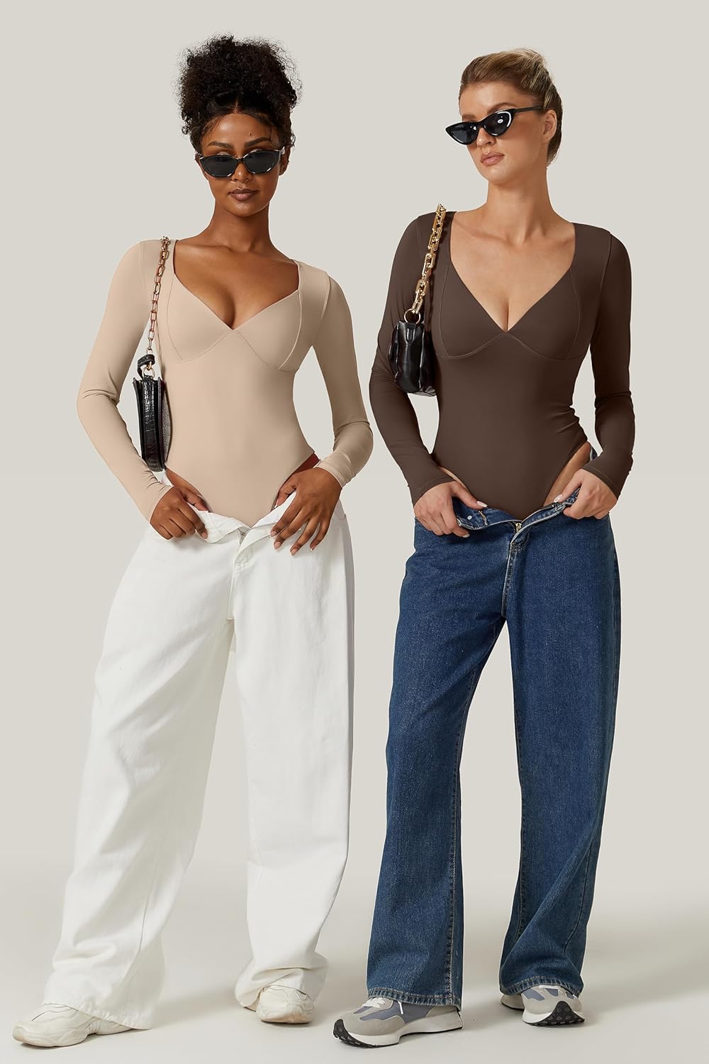 QINSEN Women's Long Sleeve Bodysuit V Neck Body Suits Seamed Cup Going Out Tops Shirt - Image 5