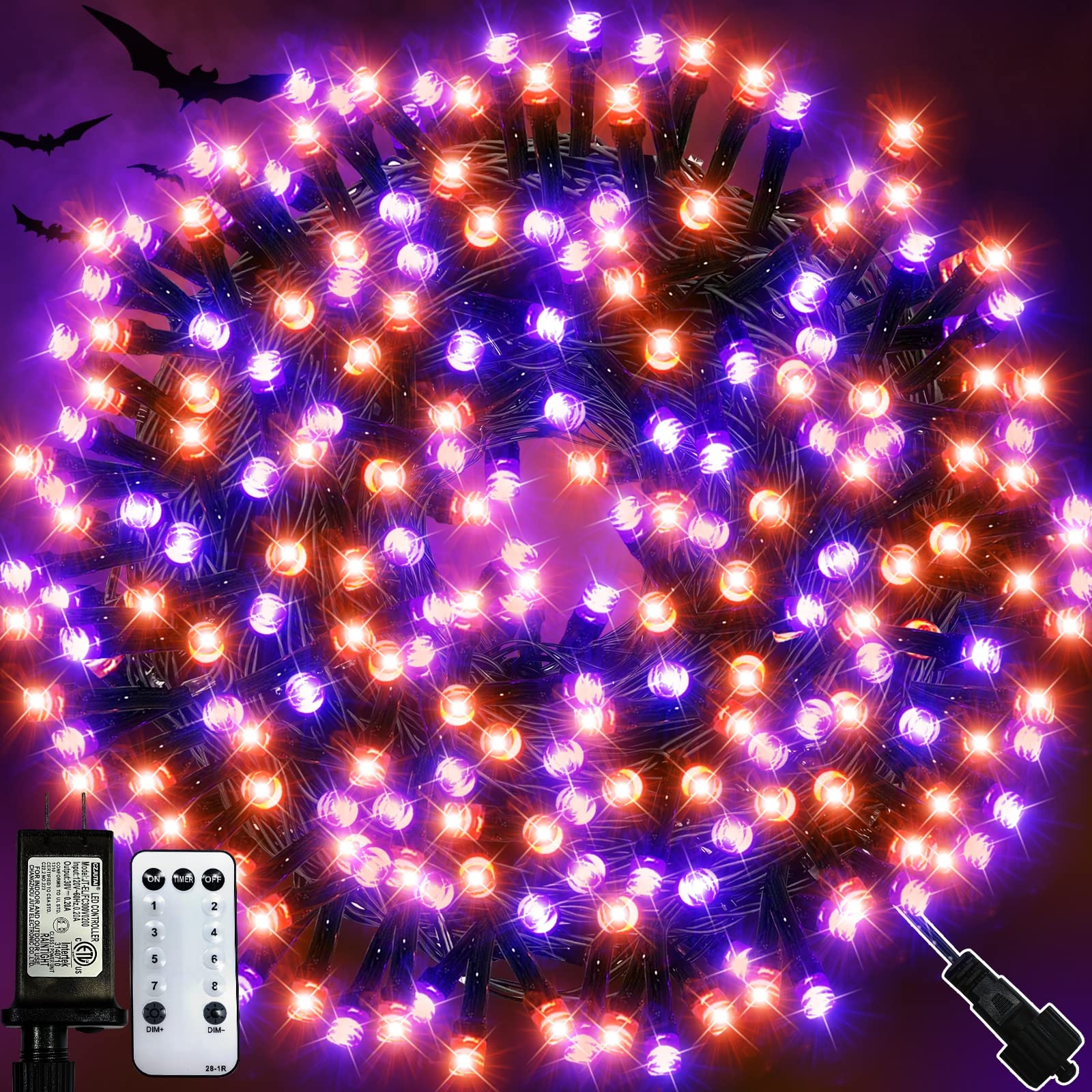 TURNMEON 82 Ft 250 LED Halloween String Lights Decor Timer 8 Modes Remote Control Memory Plug in Black Wire Connectable Halloween Decorations Yard Garden Home Outdoor Indoor Tree (Orange Purple)