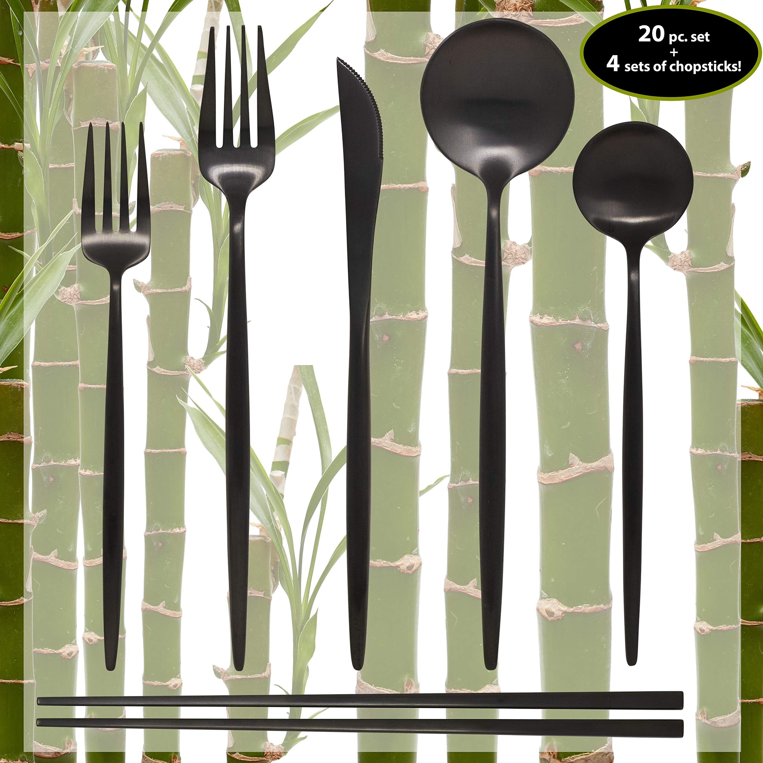 Matte Black Silverware Set - 20 Piece Dinnerware Set Plus 4 Pairs of Chopsticks - Kitchen Utensil Flatware - Knifes/Forks/Spoons & Chopstick Cutlery-Stainless Steel Modern Utensils/Contemporary Style