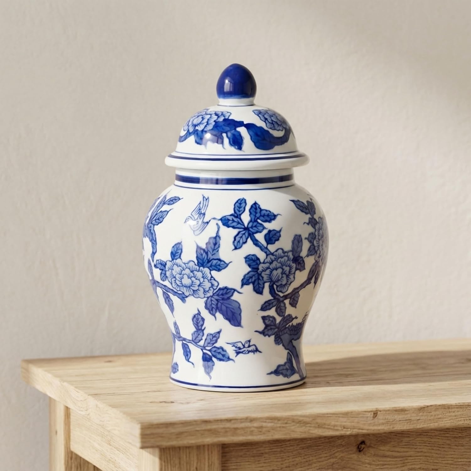 Classic Ceramic Temple Jar Vase with Lid for Living Room and Home Decor - Traditional Flower Vase Accent for Room, Bedroom or Office Display - Refined Table Decor for House Accent - 9", Blue & White