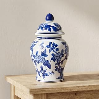 Decorative Ginger Jar for Home Decor – Ceramic Temple Jar With Lid - Elegant Tabletop Accent for Living Room or Entry Display - Stylish Traditional Centerpiece Decor – 8", Blue & White