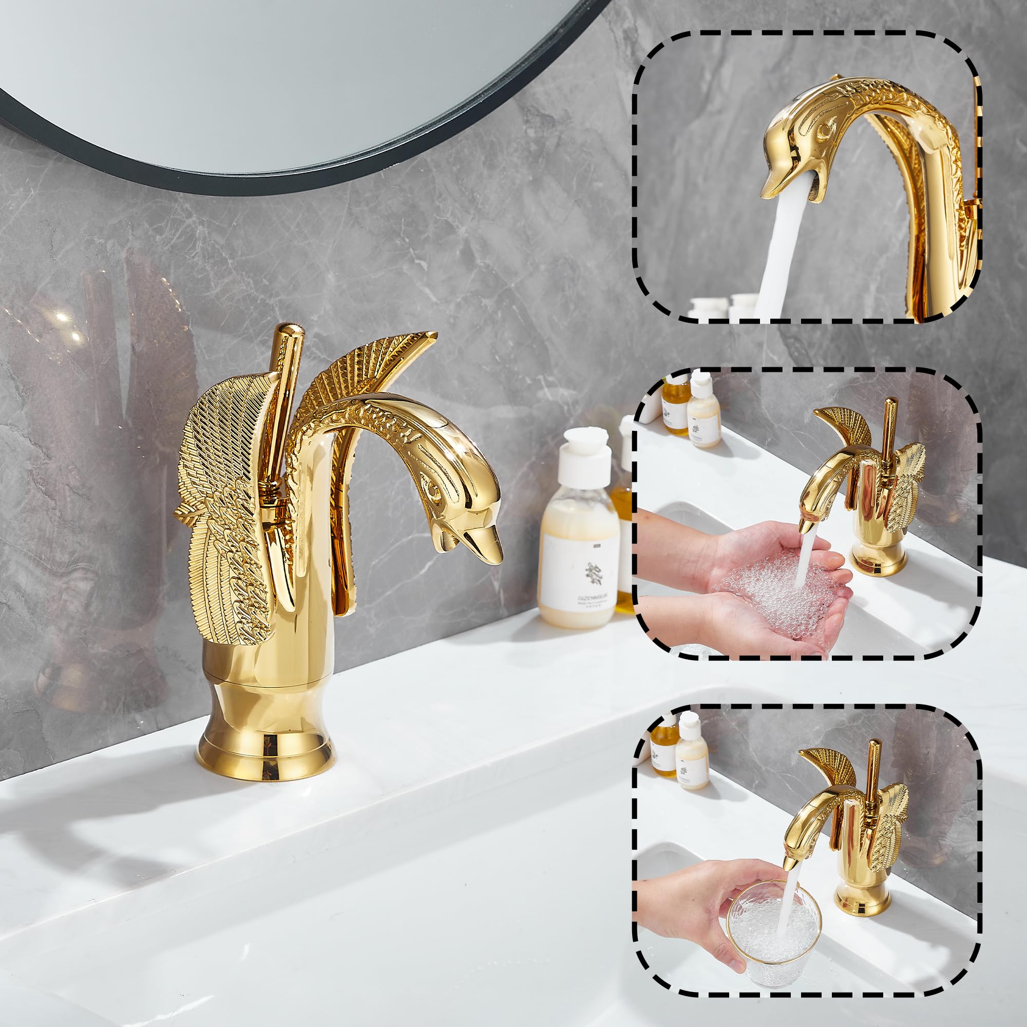 Grifo de baño dorado con forma de cisne GGStudy con un solo mango, un agujero, grifo de lavabo para lavabo