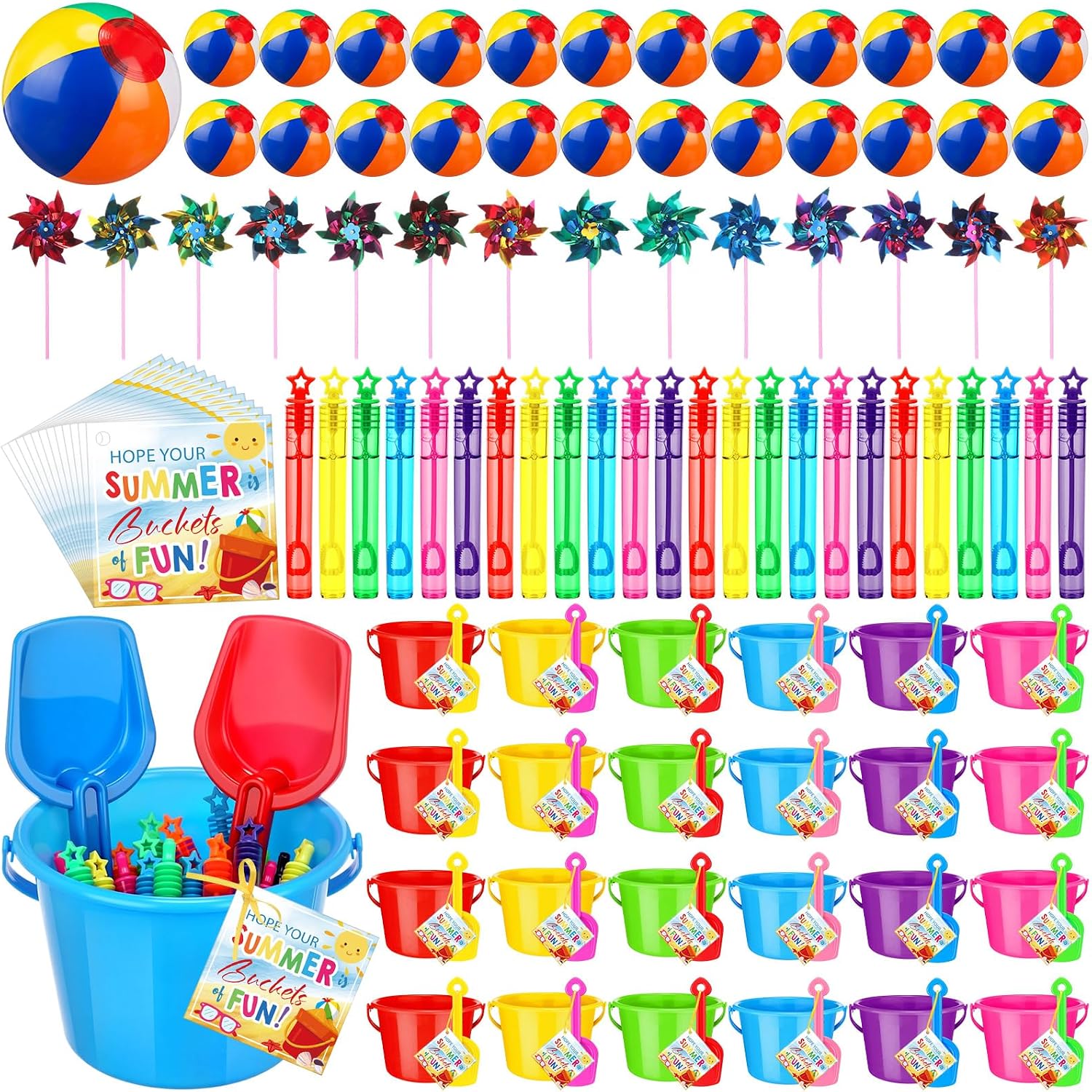 End of Year Gifts Summer Pool Beach Party Favor Include Inflatable Beach Ball Shovels Rainbow Pinwheels Bubble Wand Greeting Card for Party Supplies Gifts Prizes (144 Pcs)