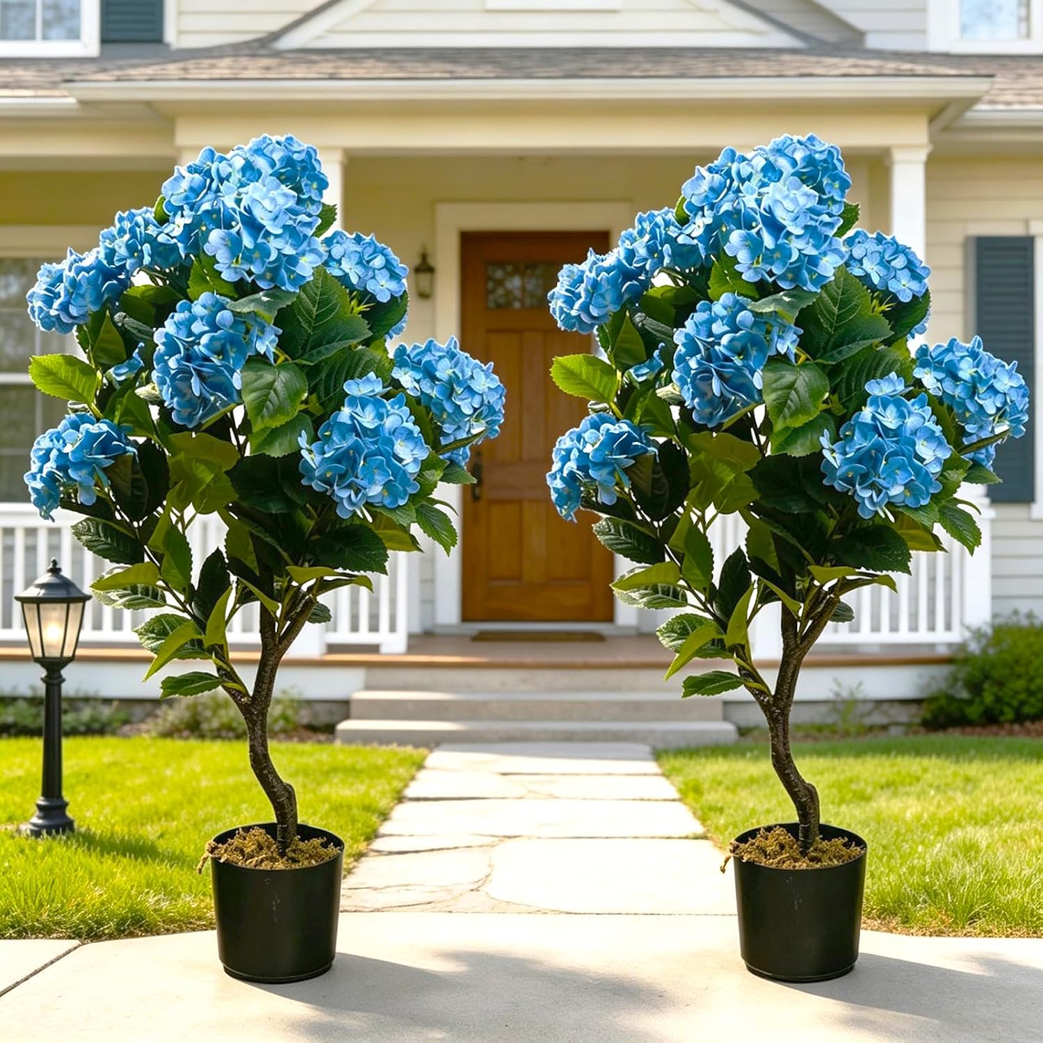 2 Pcs Artificial Hydrangea Trees Potted, 3Ft UV Resistant Faux Plant in Pot with Purple Blooming Flowers, Hydrangea Artificial Flowers for Indoor Outdoor Garden Office Home Porch Patio Decor