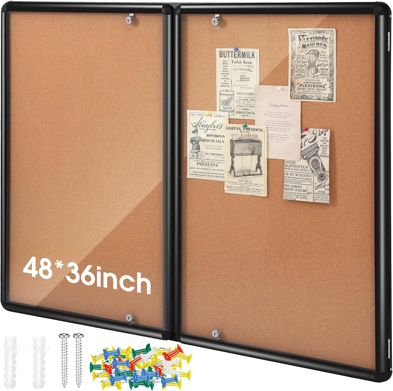 Motipuns 48"x36" Lockable Enclosed Bulletin Board with Glass Door, Weather Resistant Cork Notice Board, Wall Mounted Display Case for School Office Community Outdoor, 12xA4(Brown, Black Frame)