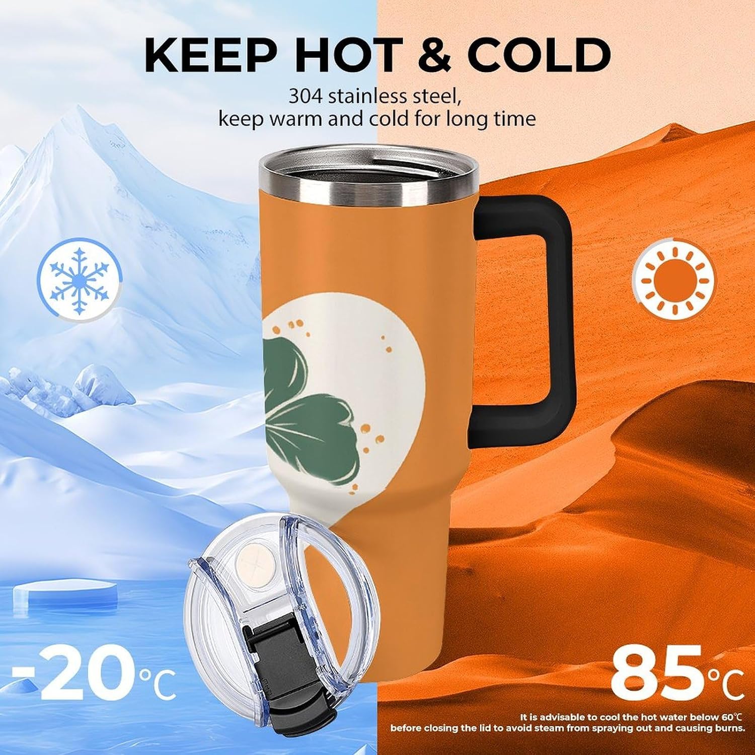 Leaves on Heart Shape Tumbler 40 Oz with Handle&Lid Large Car Cup Stainless Steel Vacuum Travel Mug Insulated Water Bottle Leak-proof Portable Coffee Cup for Home Car Outdoor