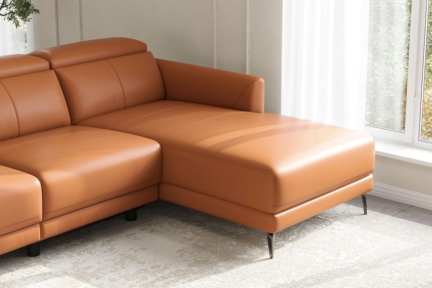 Valencia Andria Reclining Sectional Leather Sofa Right-Facing 99.5" | Italian Nappa 11000 Top-Grain Leather Reclining Sofa | Electric Power Recliner | Stainless Steel Leg, Cognac