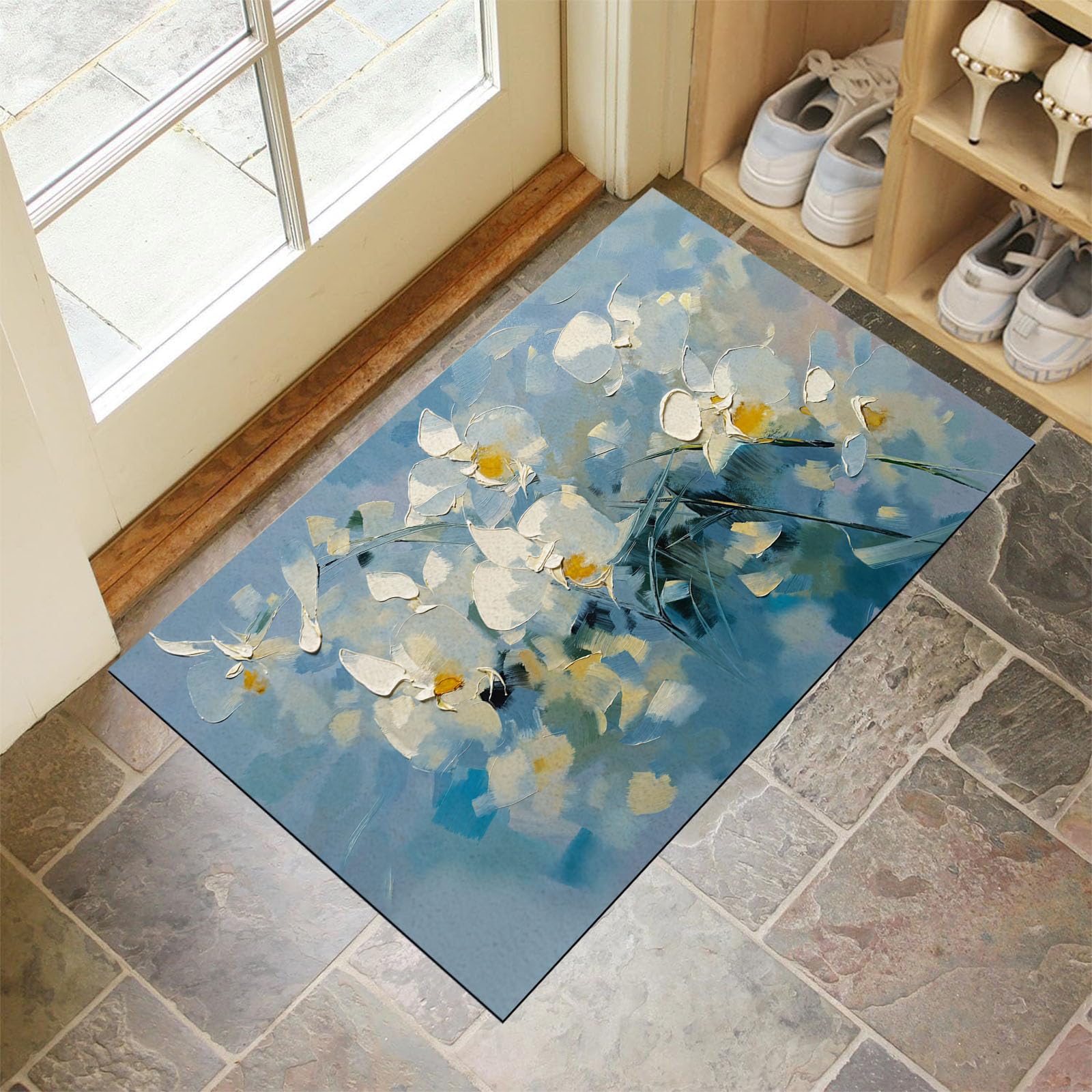 Tapis d'entrée orchidée abstraite 60x90 lavable et tapis de porte absorbant bleu