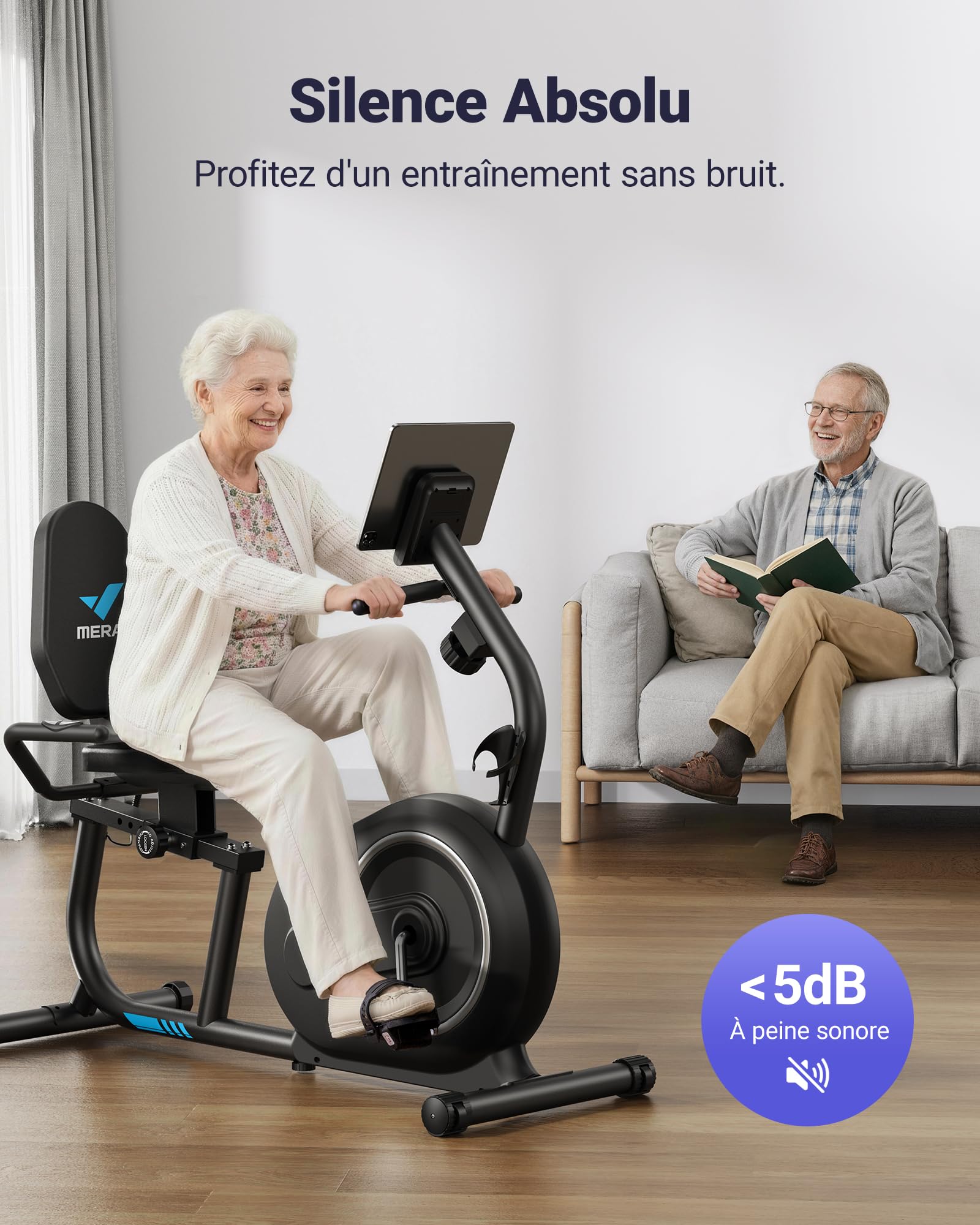 MERACH Vélo d'Appartement, Vélo Couché Magnétique avec 8 Niveaux de Résistance Réglables, Vélo de Fitness avec Écran LCD, Poignées de Fréquence Cardiaque, Capacité de Charge de 136 kg