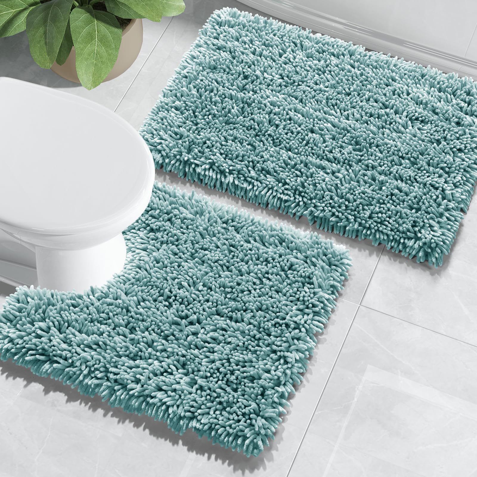 Yimobra Bathroom Rugs Sets 2 Piece, Luxury Shaggy Extra Thick Bathroom Rugs, Plush Non-Slip Mats for Bath Room Floor, U-Shaped Toilet Mat, Ultra Absorbent, 24 x 17 + 24.4 x 20.4 Inches, Grayish BlueOEKO-TEX STANDARD 100